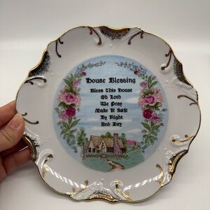 Vtg. House Blessing Religious Floral Ceramic Wall Plate/18KT Trim Round 8" Japan